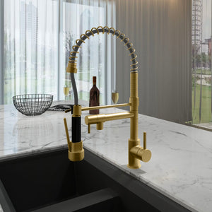 a brushed gold flexible pull-out spray hot water tap