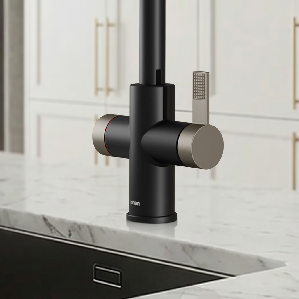 Modern kitchen faucet with black and silver design on a marble countertop.