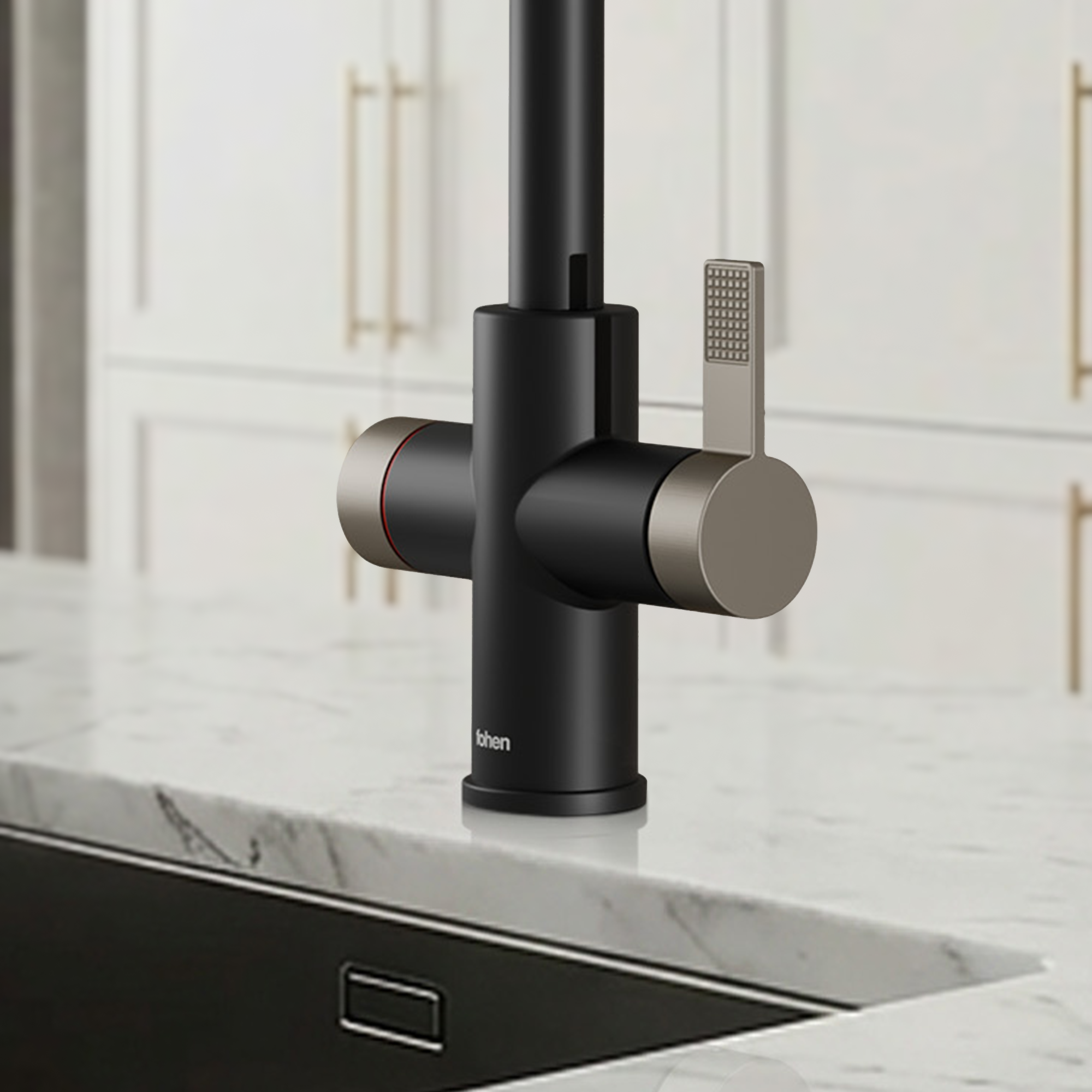 Modern kitchen faucet with black and silver design on a marble countertop.