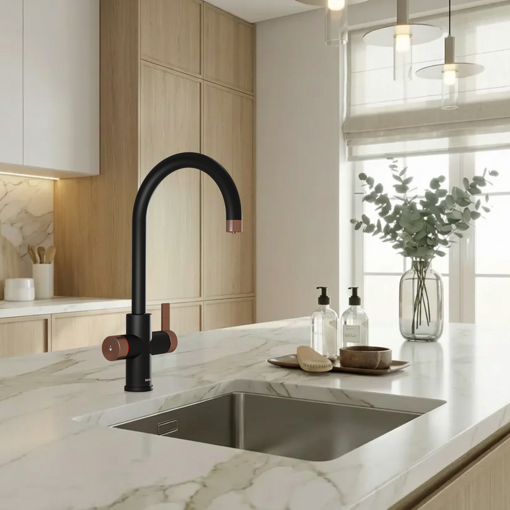 Modern kitchen with black faucet and marble countertop