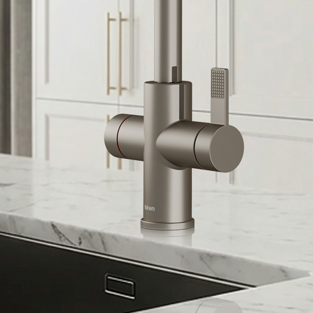 Modern kitchen faucet on a marble countertop with a neutral background