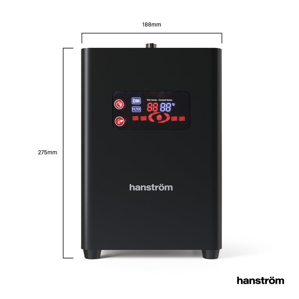 a black digital boiling water tap tank with dimension measurement