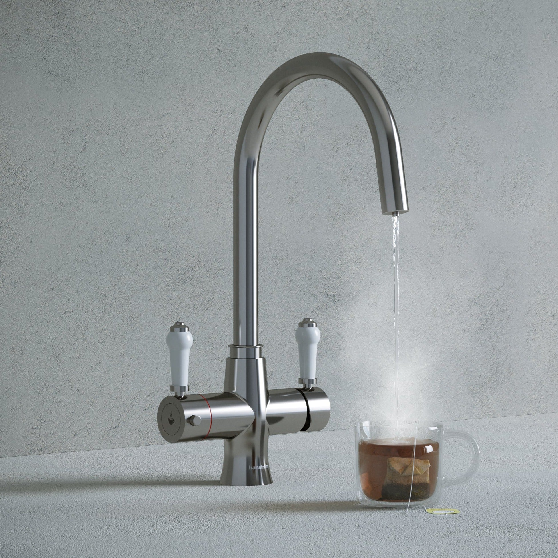 a traditional chrome swan neck kitchen hot tap with white handle