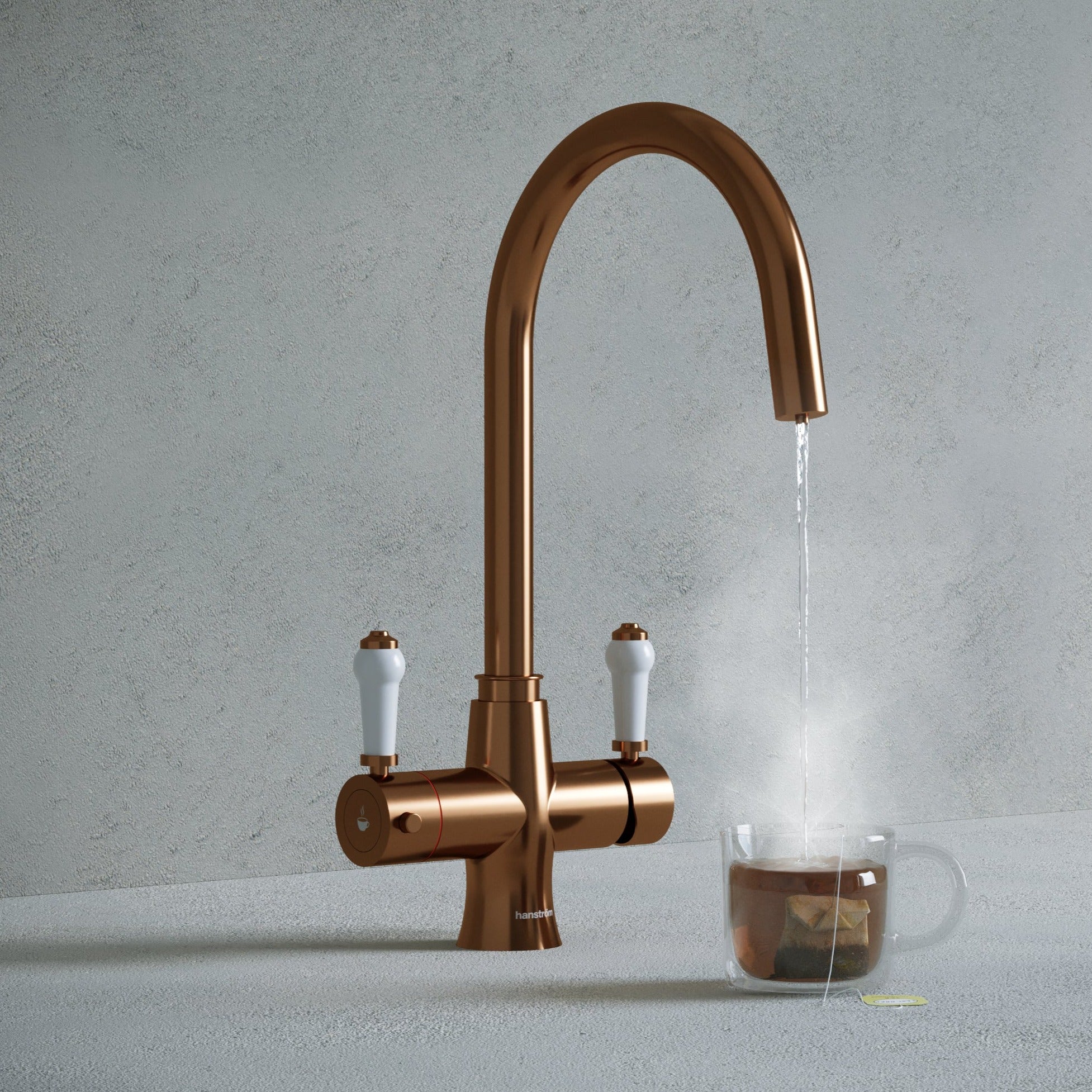 a traditional brushed copper swan neck kitchen hot tap with white handle