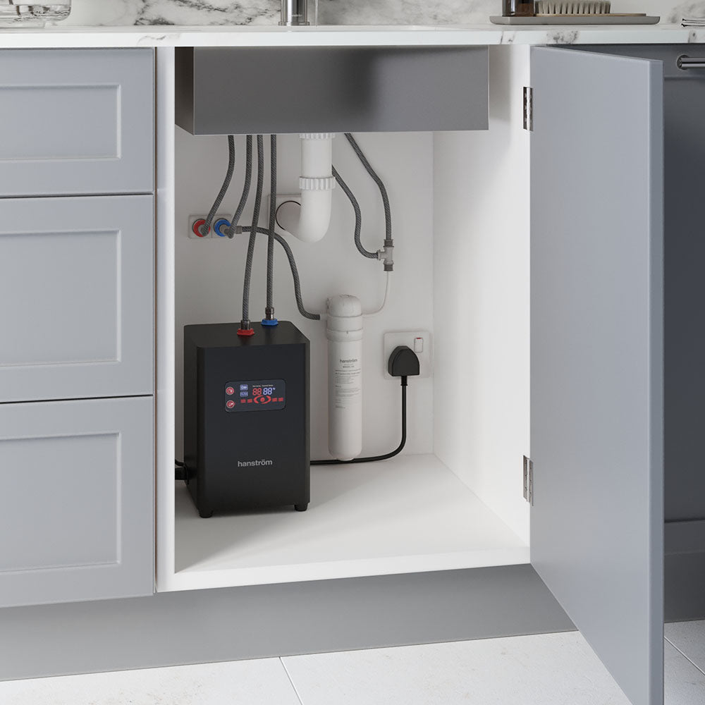 black hot water filter & tank under the sink