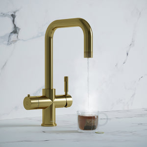 a champagne gold square-shaped boiling water tap