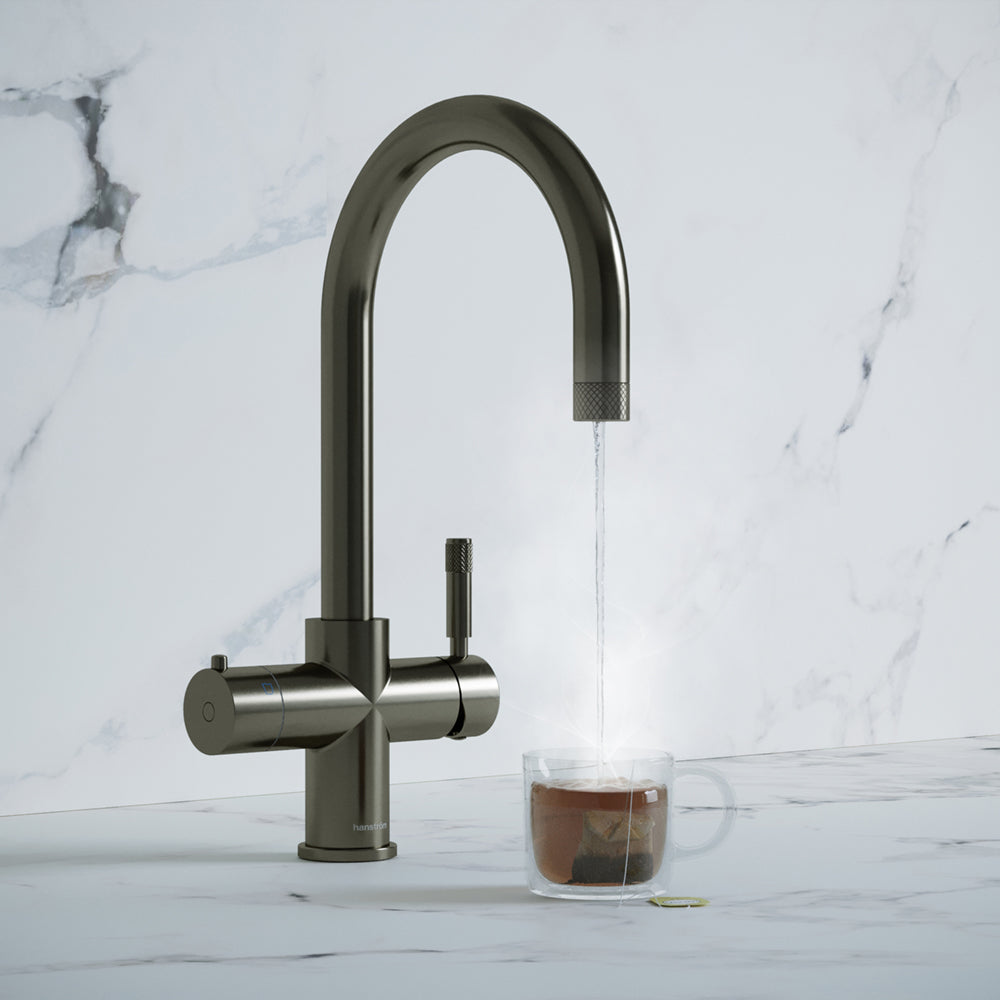 a gunmetal grey swan neck boiling water tap