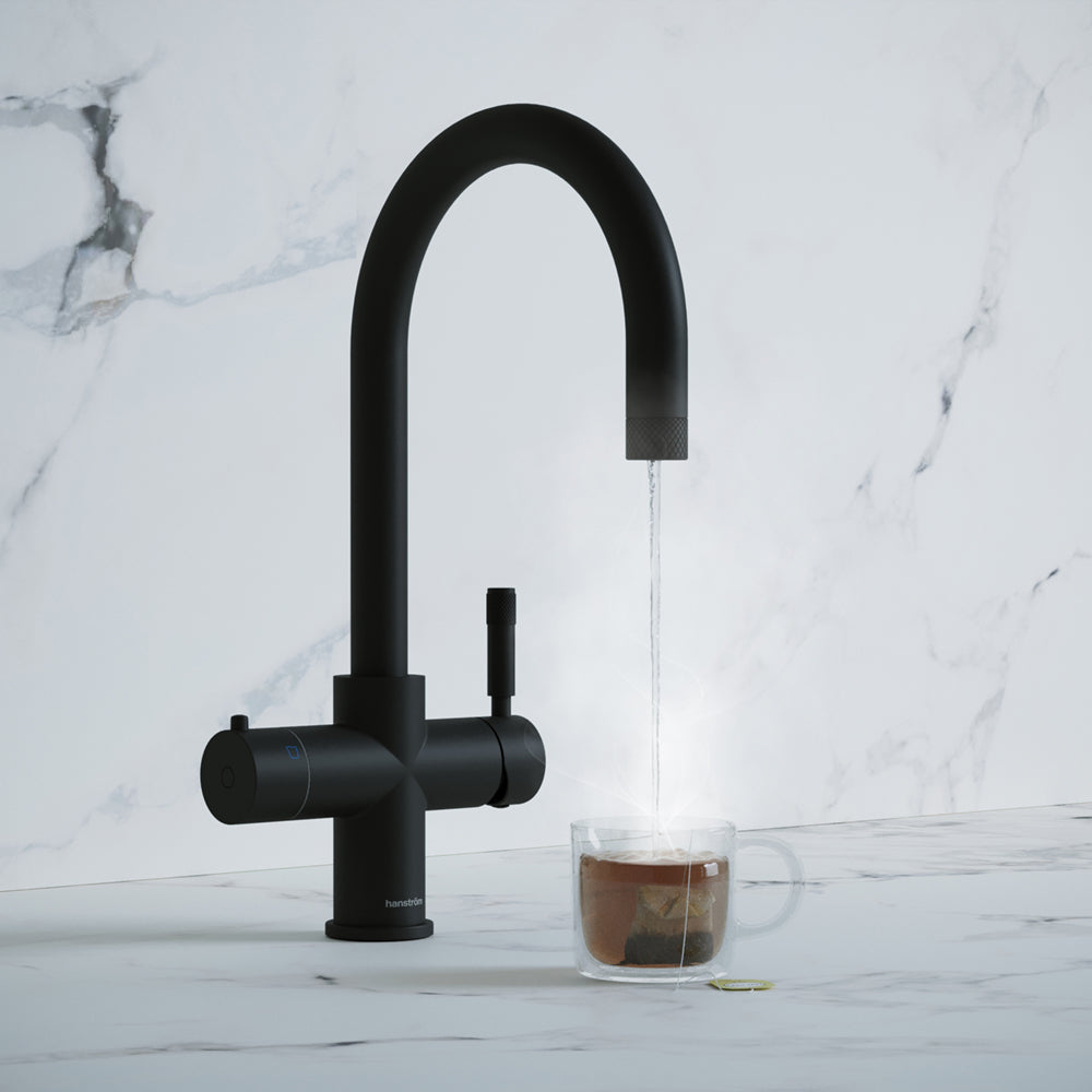 a matt black swan neck boiling water tap