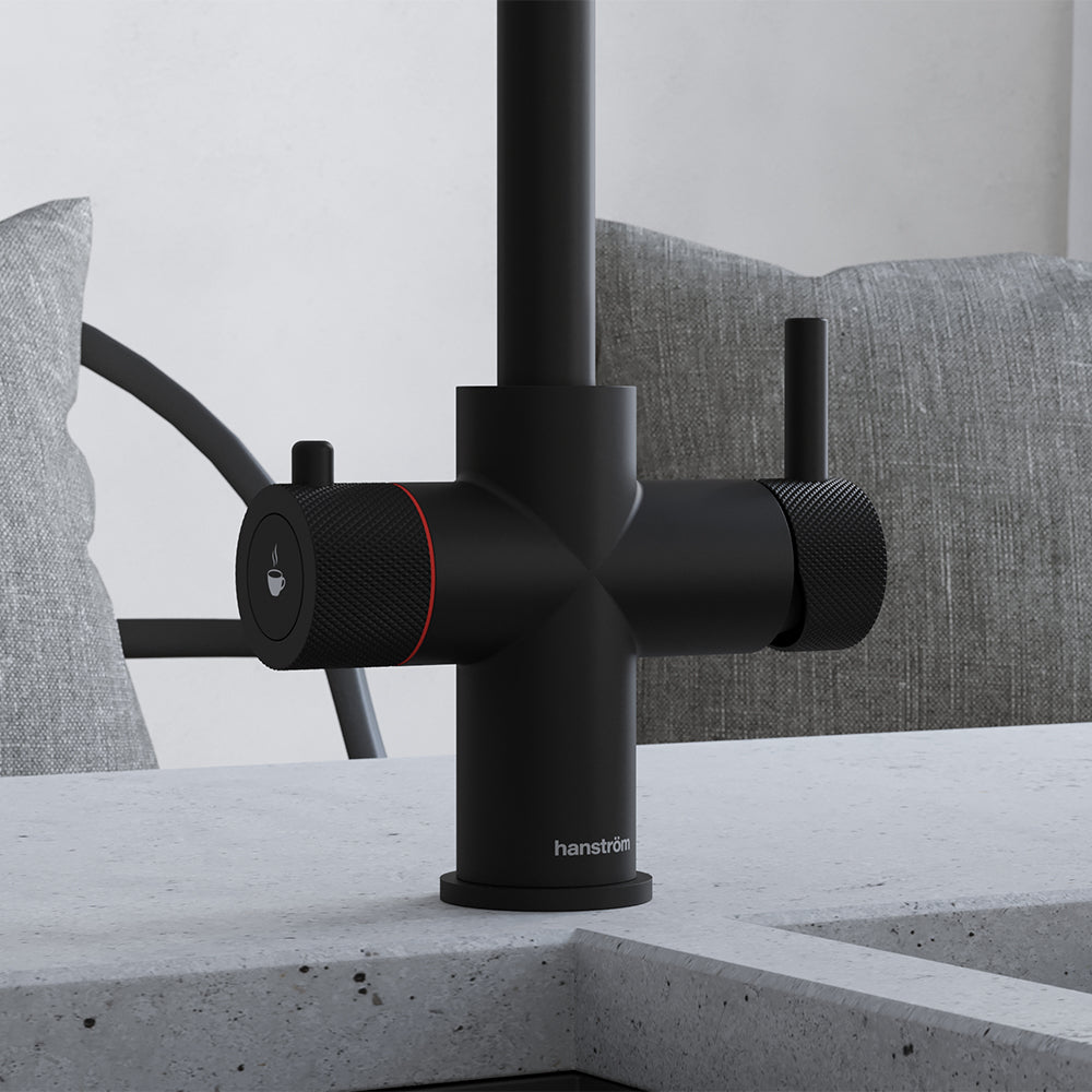 close-up of a matt black hot tap handle