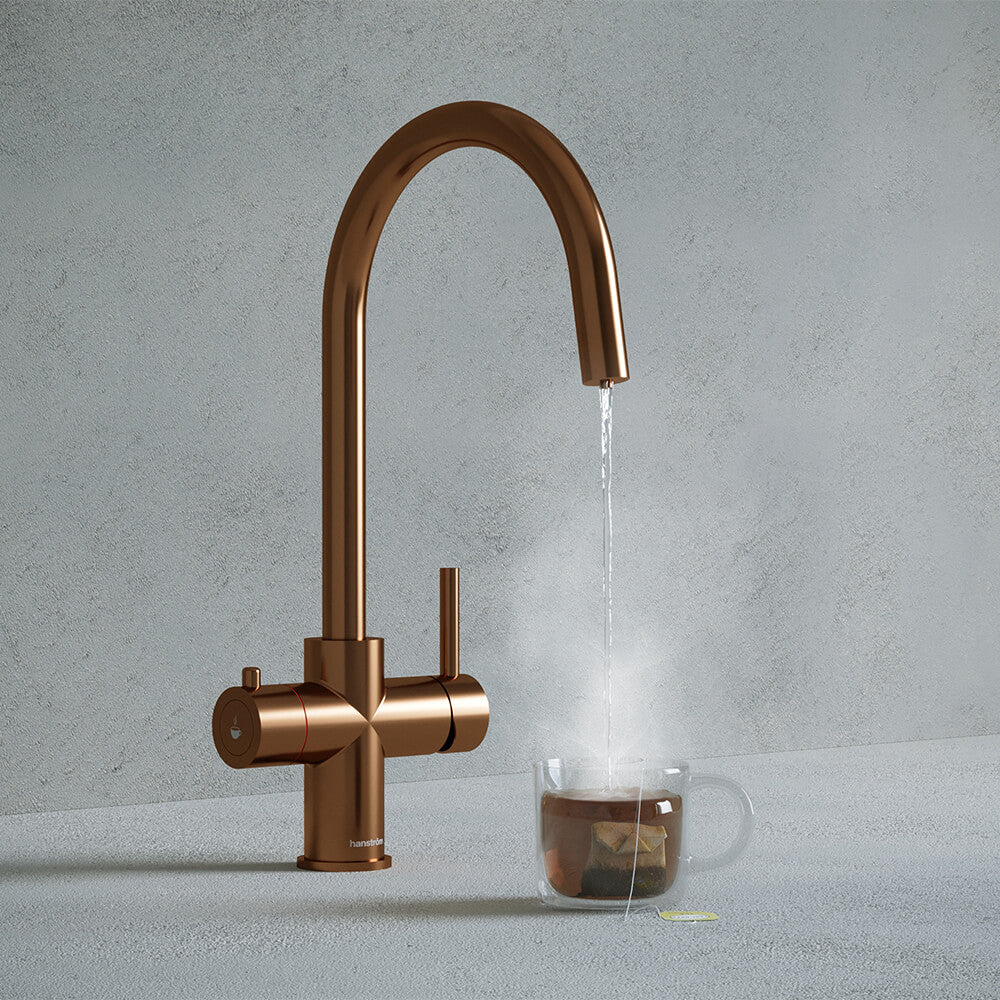 a brushed copper swan neck boiling water tap