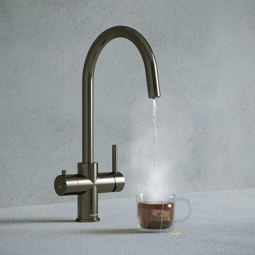 a gunmetal grey swan neck boiling water tap