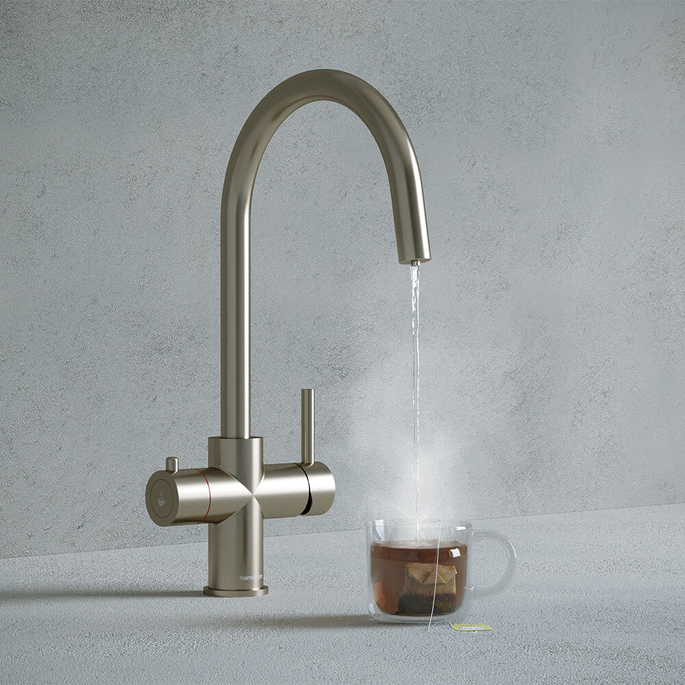 a brushed nickel swan neck boiling water tap