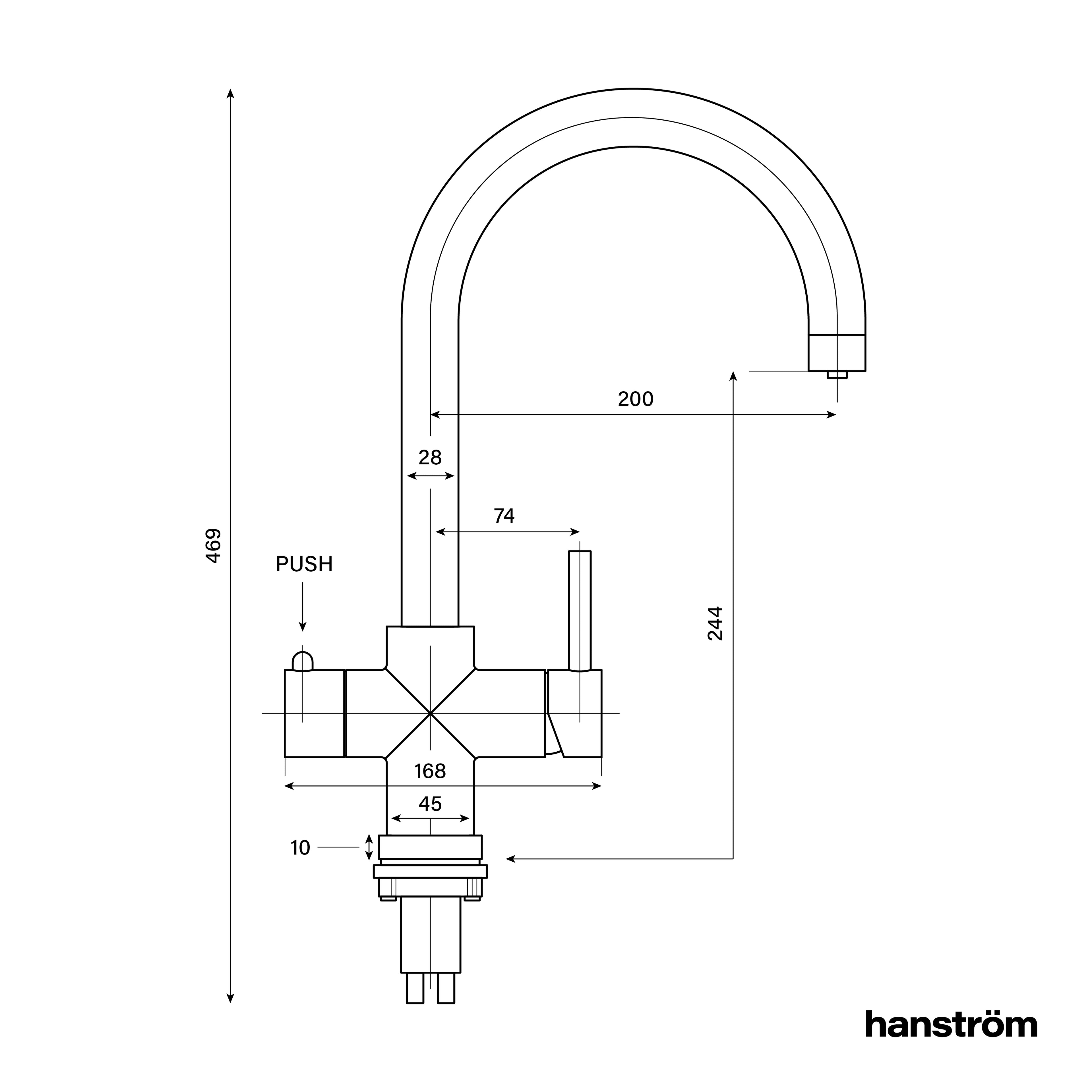 side measurement illustration of swan neck hot water sink tap