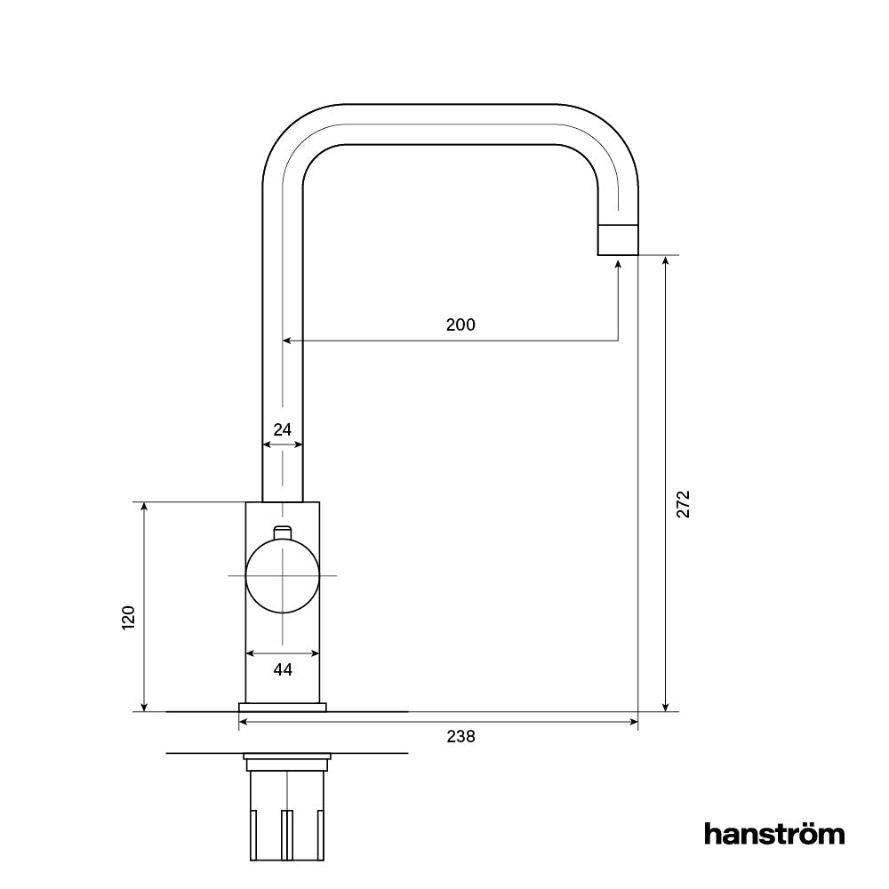 side measurement illustration of hot water sink tap