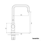 side measurement illustration of square-shaped hot water sink tap