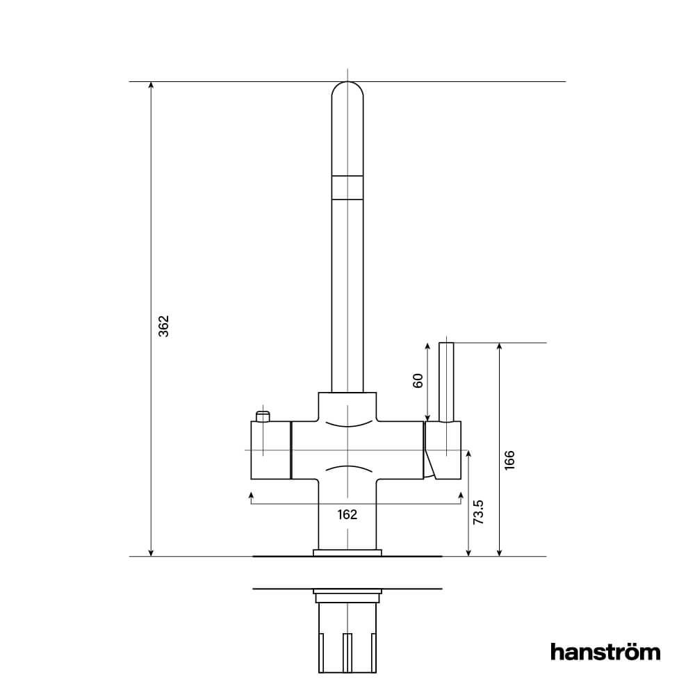 front measurement illustration of square-shaped hot water sink tap