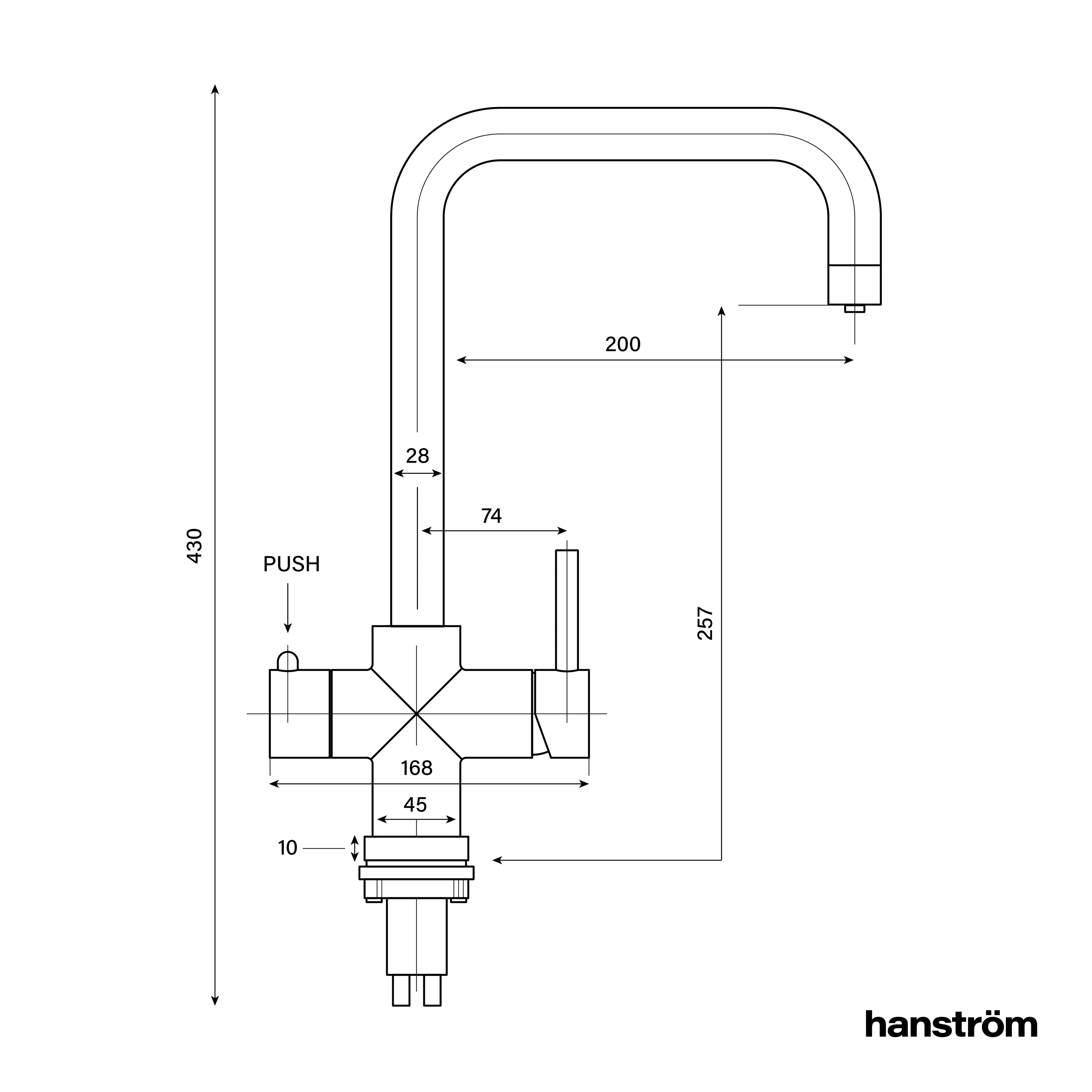 side measurement illustration of square-shaped hot water sink tap