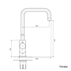 side measurement illustration of square-shaped hot water sink tap