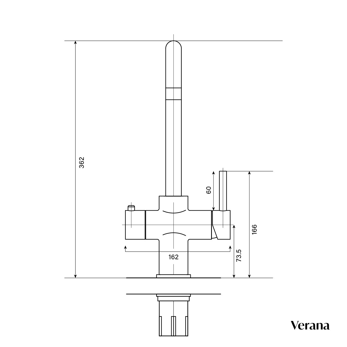front measurement illustration of square-shaped hot water sink tap