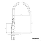 side measurement illustration of traditional swan neck hot water sink tap