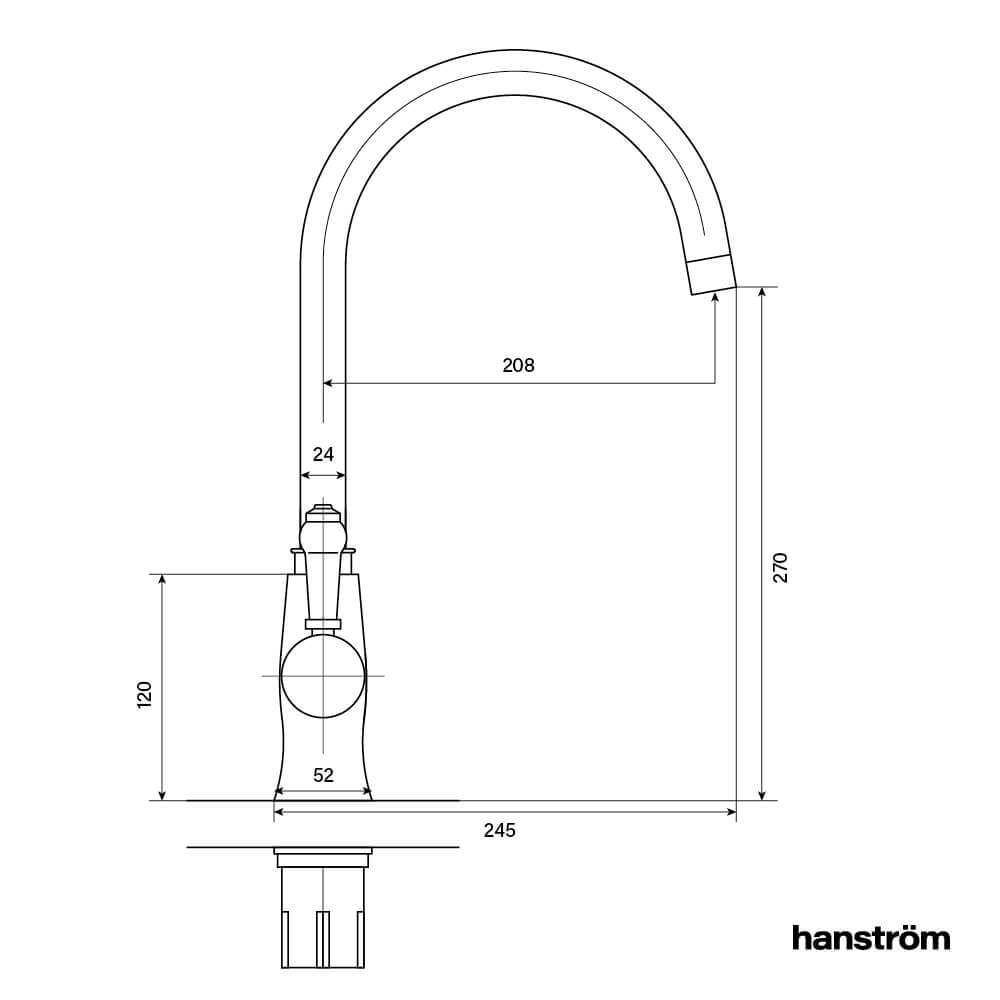 side measurement illustration of swan neck hot water sink tap
