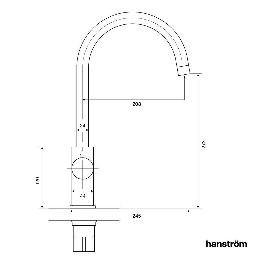 side measurement illustration of swan neck hot water sink tap