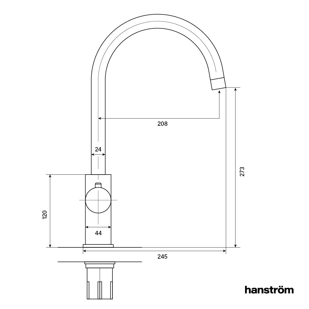 side measurement illustration of swan neck hot water sink tap