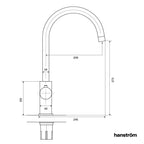 side measurement illustration of swan neck hot water sink tap