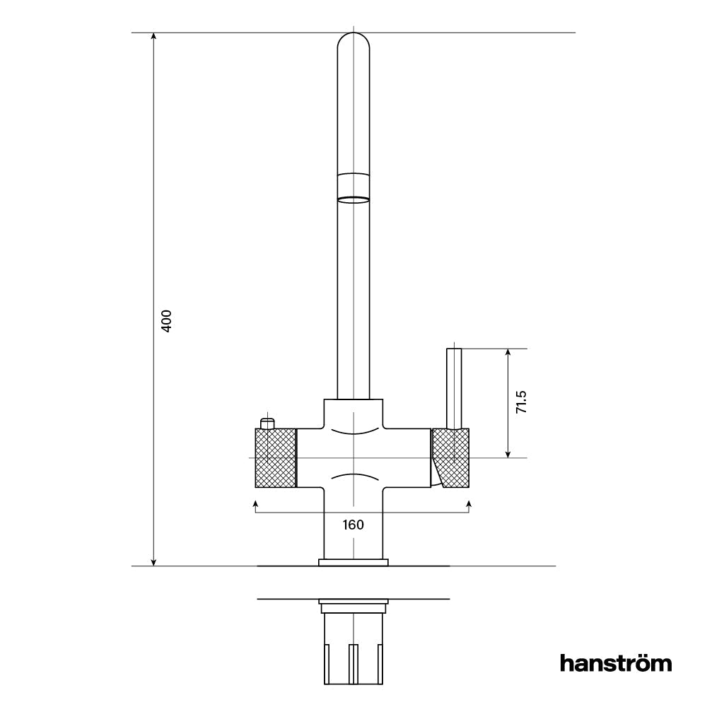 front measurement illustration of swan neck hot water sink tap