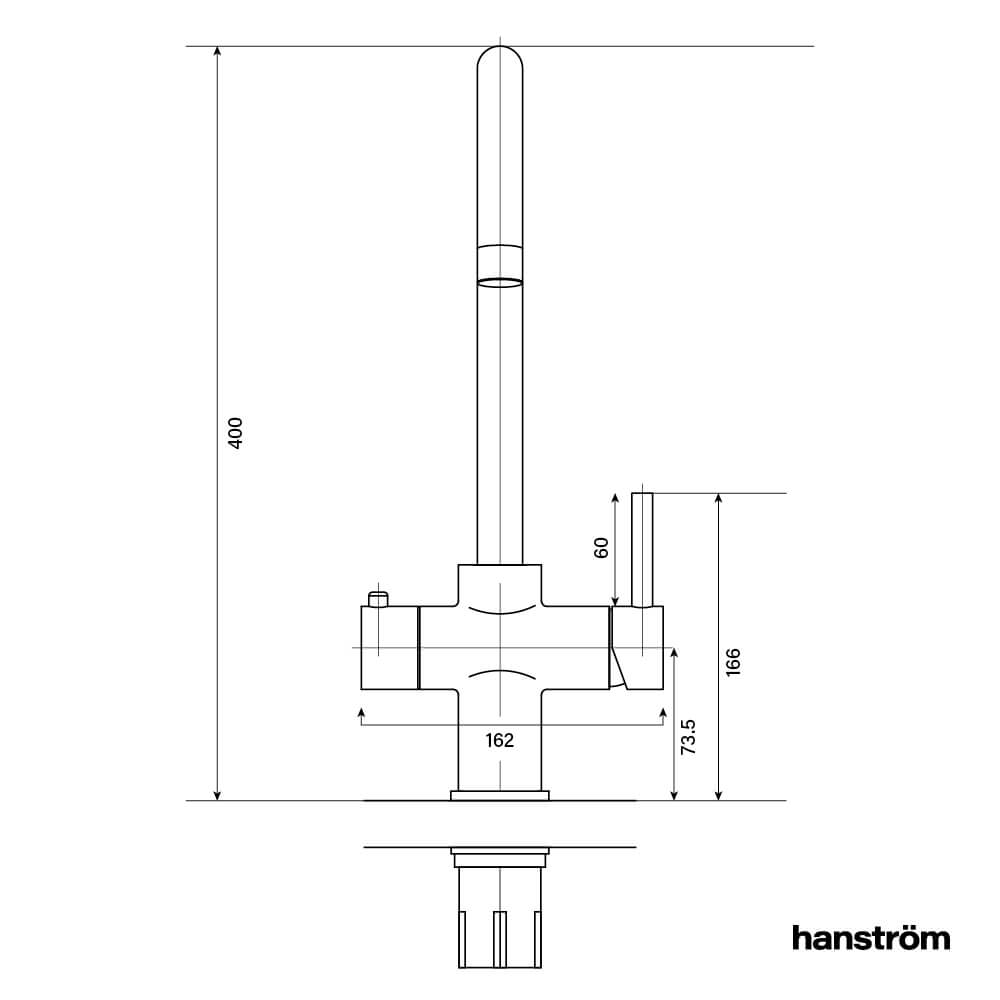 front measurement illustration of swan neck hot water sink tap