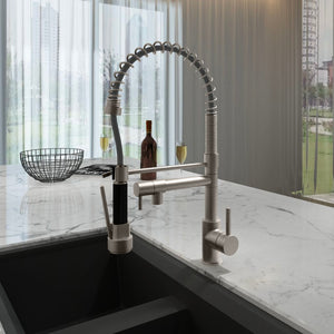 a brushed nickel flexible pull-out spray hot water tap