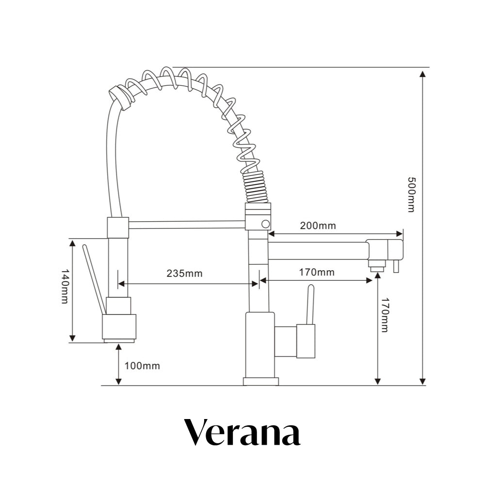 side measurement illustration of flexible pull-out spray hot water tap