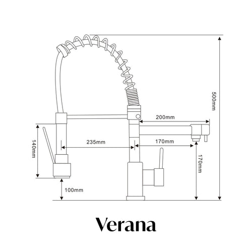 side measurement illustration of flexible pull-out spray hot water tap