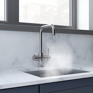 a square-shaped chrome boiling water tap in a kitchen